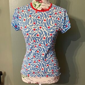 Boden Blue & White Floral Print rash guard Tee with Red Trim